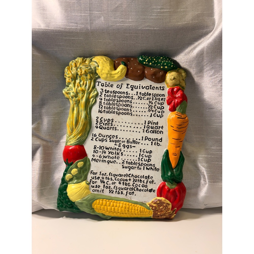 Vintage 1972 Ceramic Kitchen Conversion Table Wall Plaque Vegetable Relief BH 72